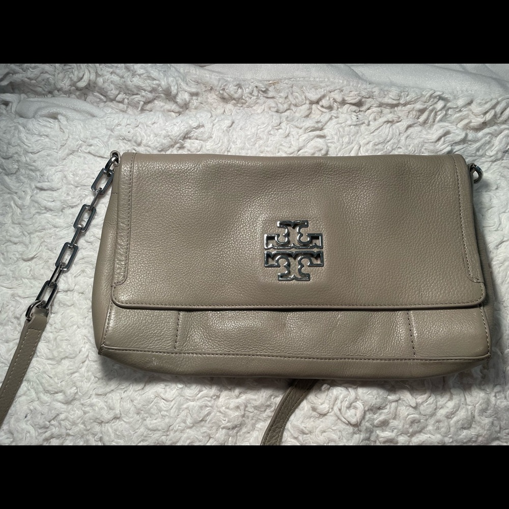 Tory Burch Tan Britten Leather Fold Over Crossbody Bag